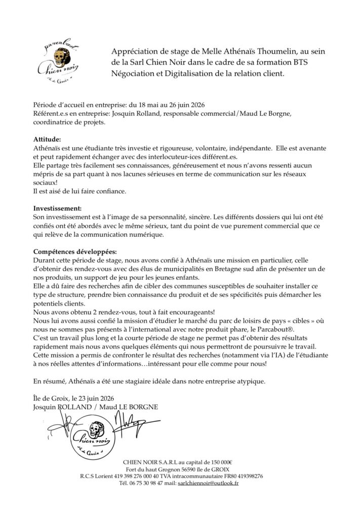 appréciation de stage Chien Noir